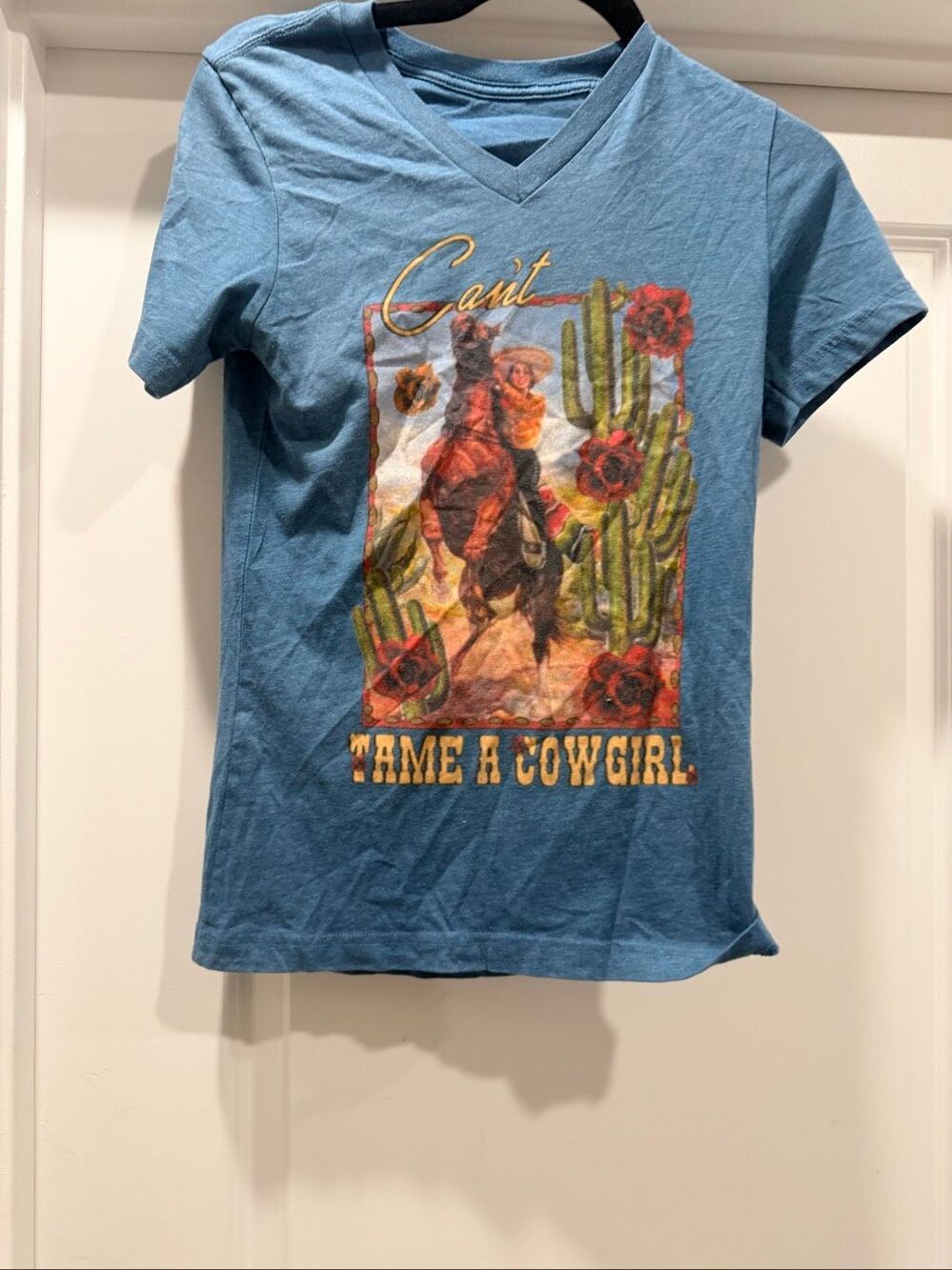 Tame A Cowgirl Graphic Tee Shirt Small Blue Cactus Western Country Concert Top